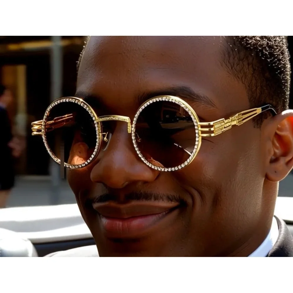Rhinestone Sunglasses Round Gold Frame Brown Lens Men's Fashion Retro Luxury New